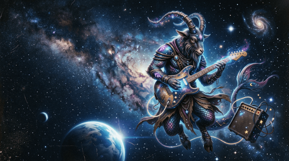 A goat-like cosmic creature playing electric guitar with amplifier in space
