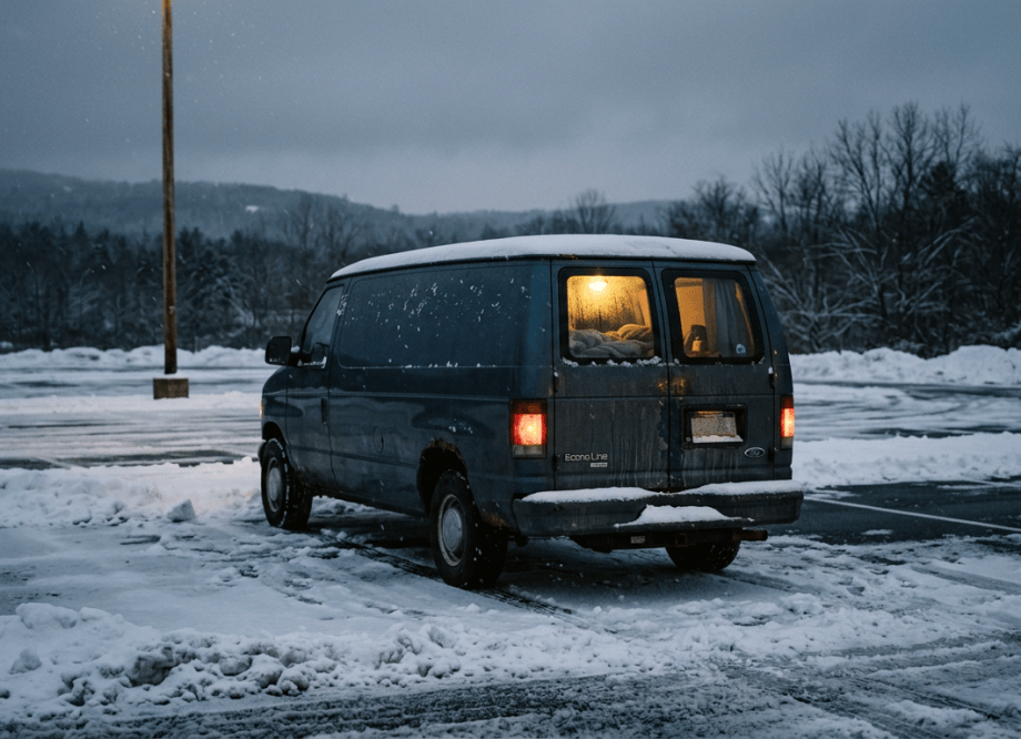 Dark van parked in a snowy lot with warm interior lights