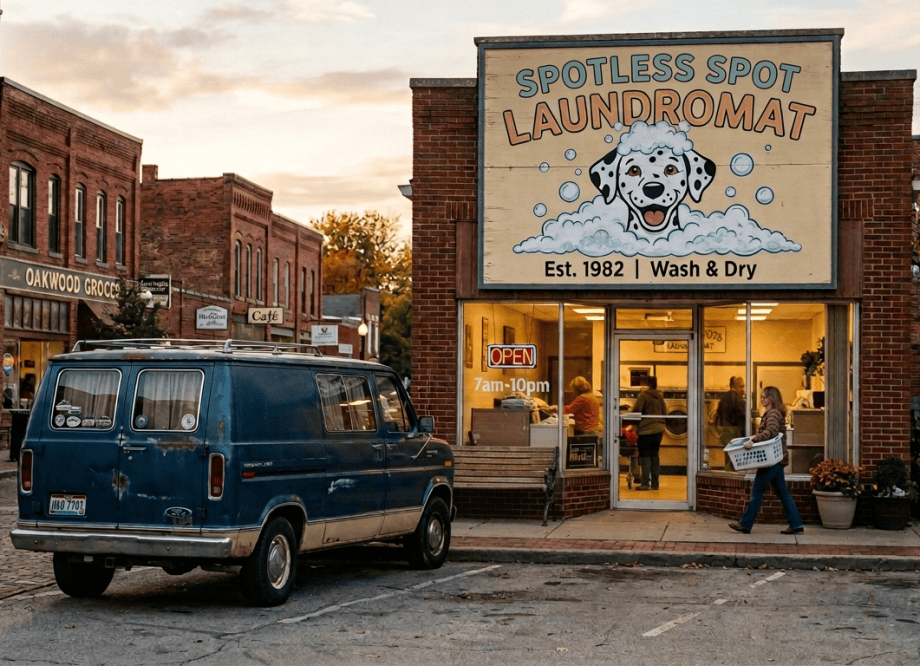 Suds & Spots Laundromat sign with Dalmatian, Est. 1982, Wash & Dry, and Open 7am-10pm