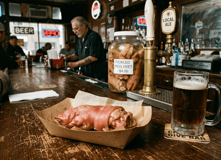 Pickled pig’s foot, beer mug, and signs reading BAR, BEER, LOCAL ALE, and DIVE BAR